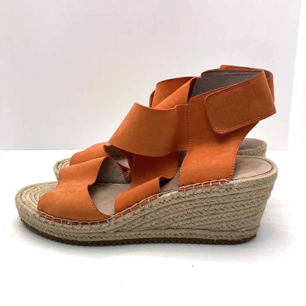 Eileen Fisher Orange Leather‎ Espadrille 'Willow' Wedge Heel Sandals Womens 9.5
